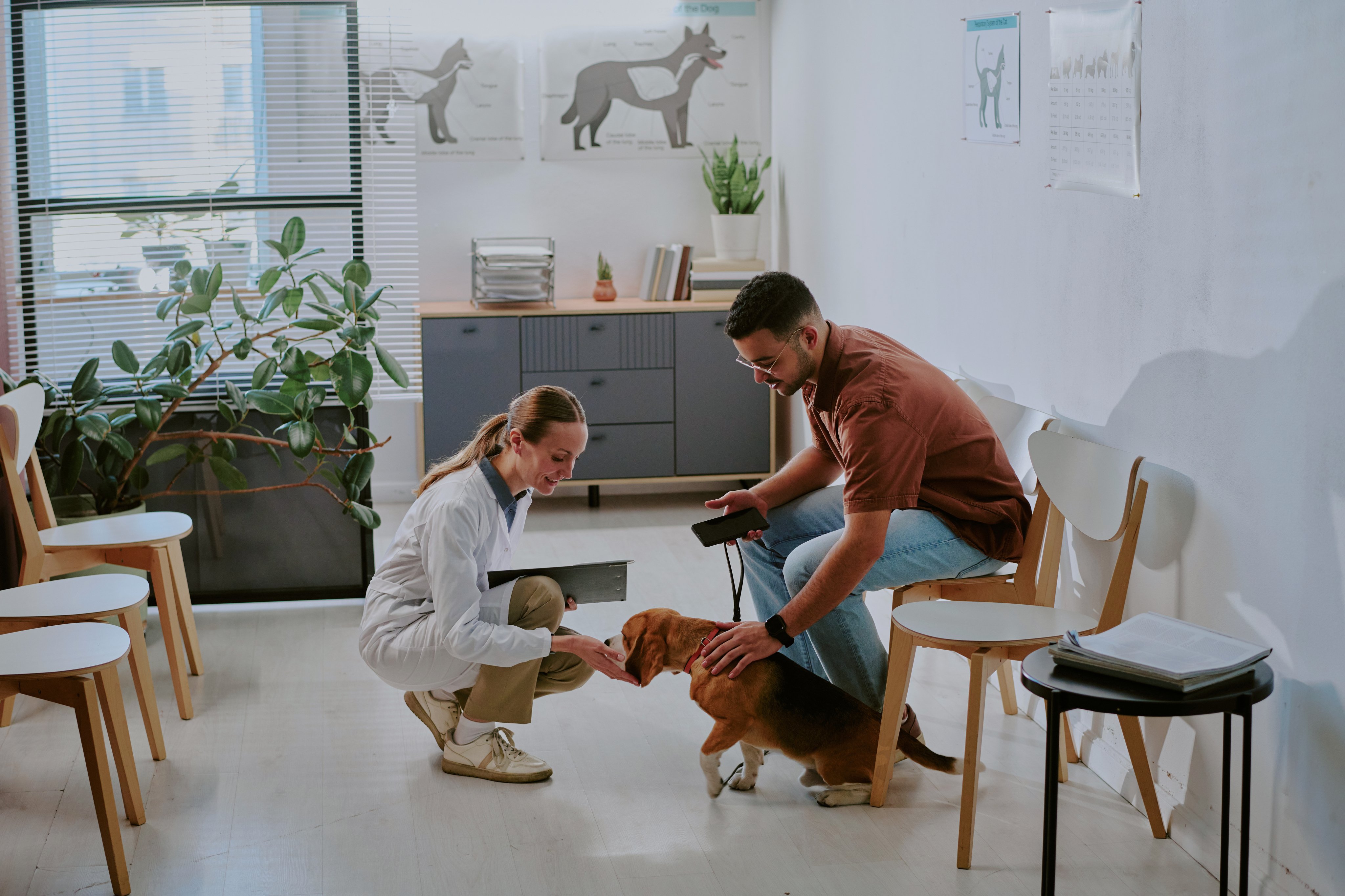 Adyen team members and a customer with a service dog in a modern office setting