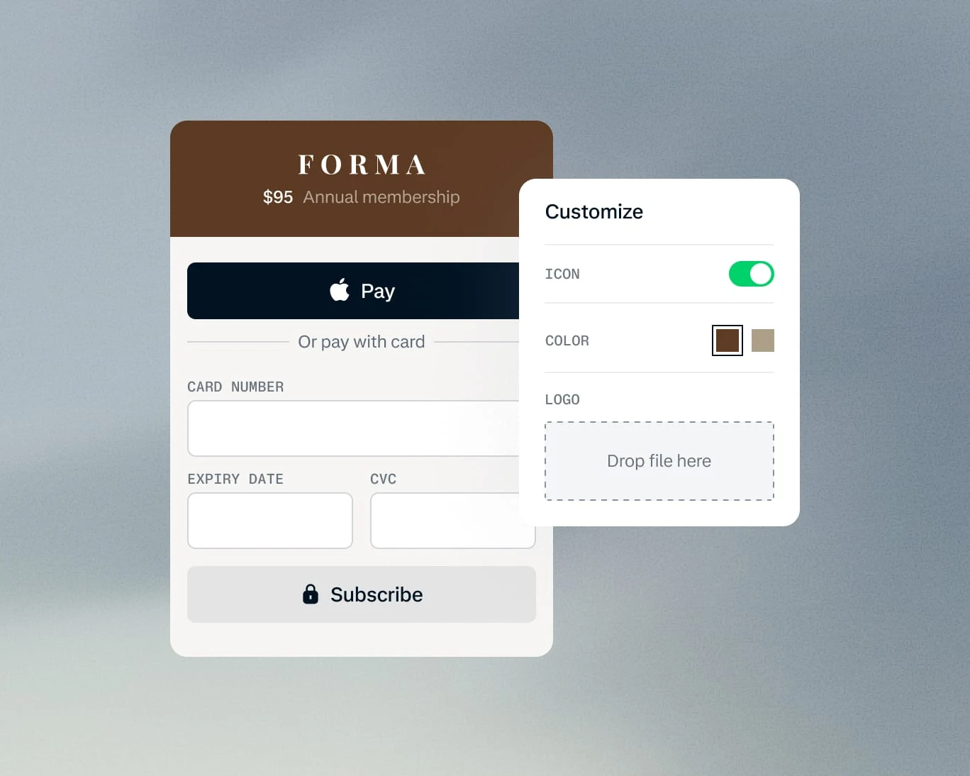 A digital payment form with customization options displayed on a screen, used for processing payments via Adyen.