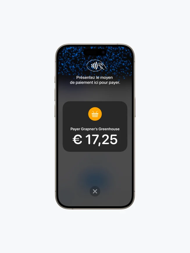 Téléphone intelligent affichant un écran de paiement en français pour une transaction de 17,25 €