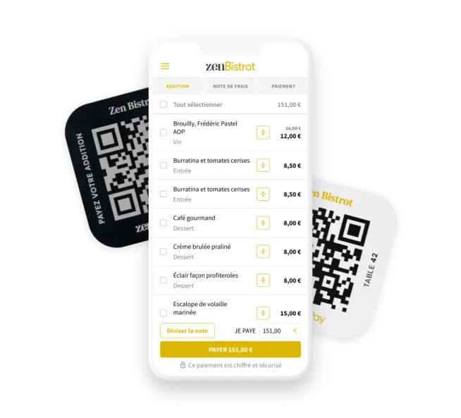 Teléfono inteligente que muestra la factura de Zen Bistrot con código QR para pago junto a un posavasos con código QR.