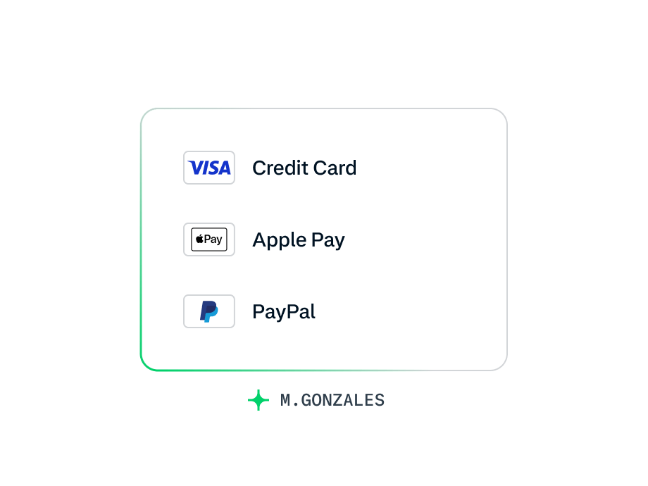 A digital menu showing payment options by Adyen: Visa, Apple Pay, and PayPal.