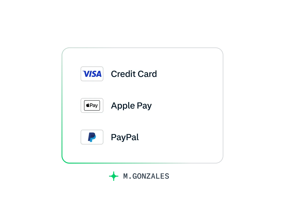 A digital menu showing payment options by Adyen: Visa, Apple Pay, and PayPal.