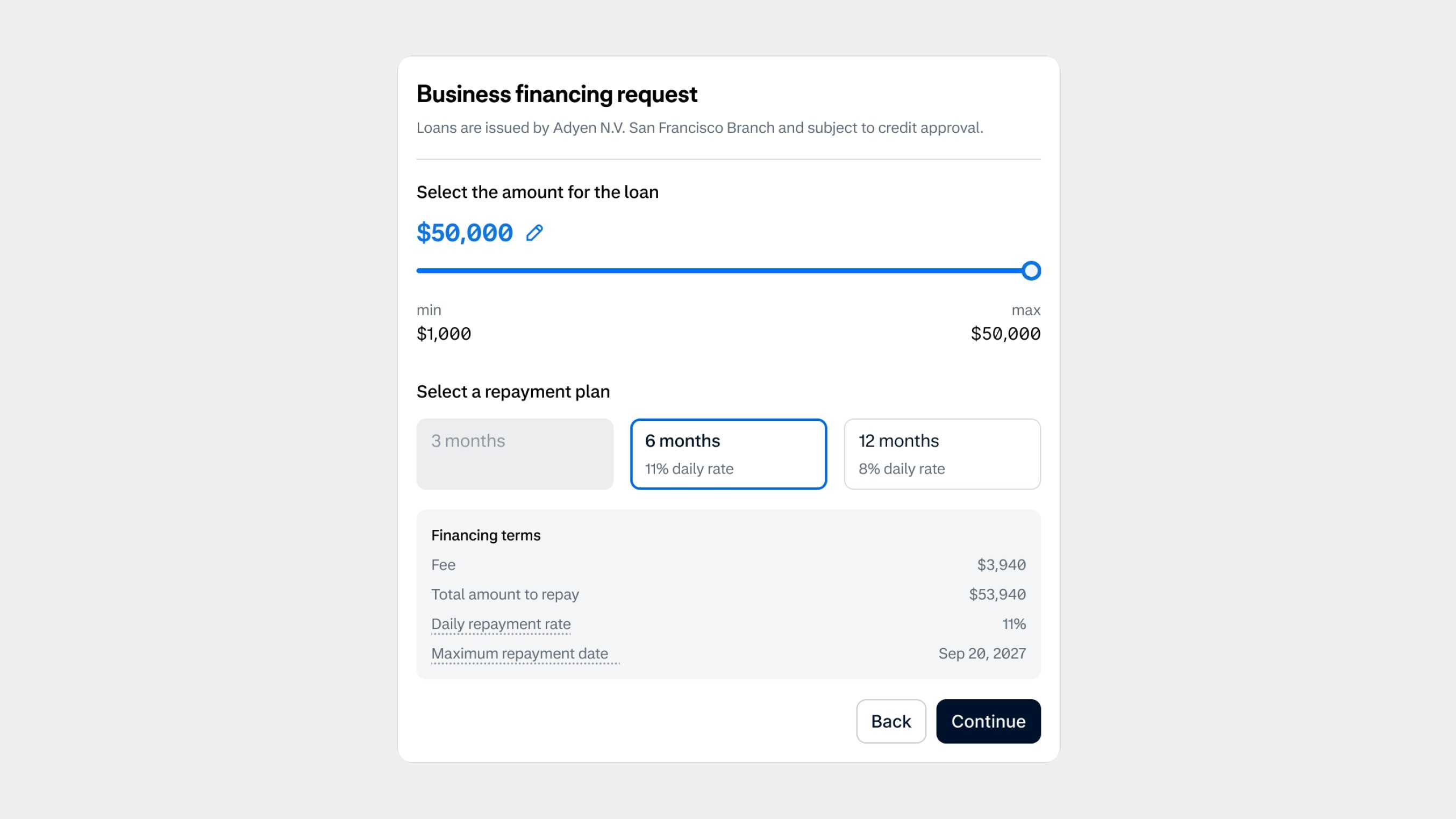 Digital business financing request form showing loan amount, repayment plan, and terms