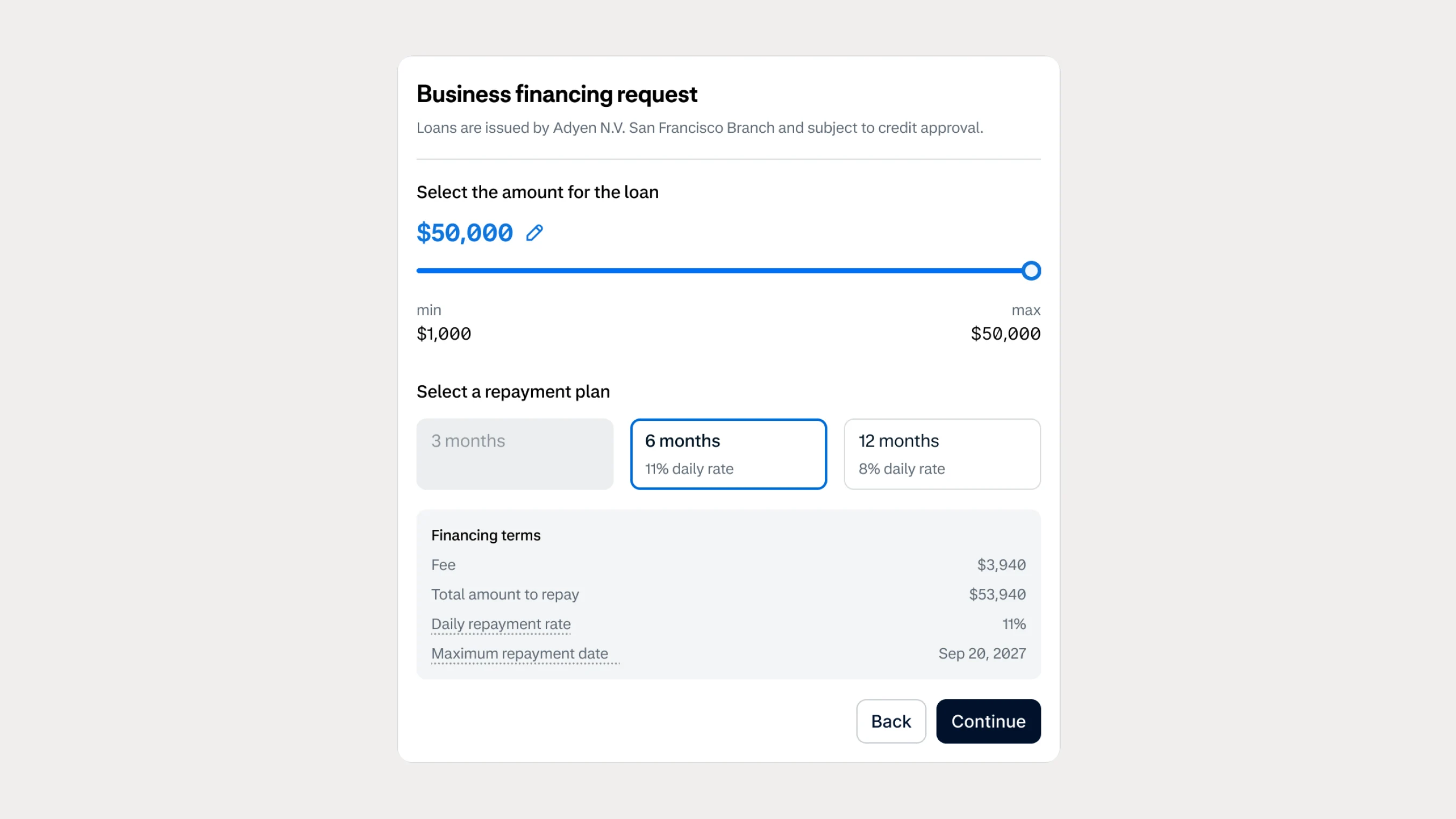 Digital business financing request form showing loan amount, repayment plan, and terms