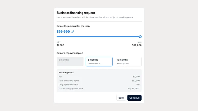 Digital business financing request form showing loan amount, repayment plan, and terms
