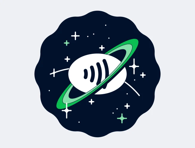 Pianeta stilizzato simile a Saturno con anelli, che assomiglia a un altoparlante, su uno sfondo stellato.