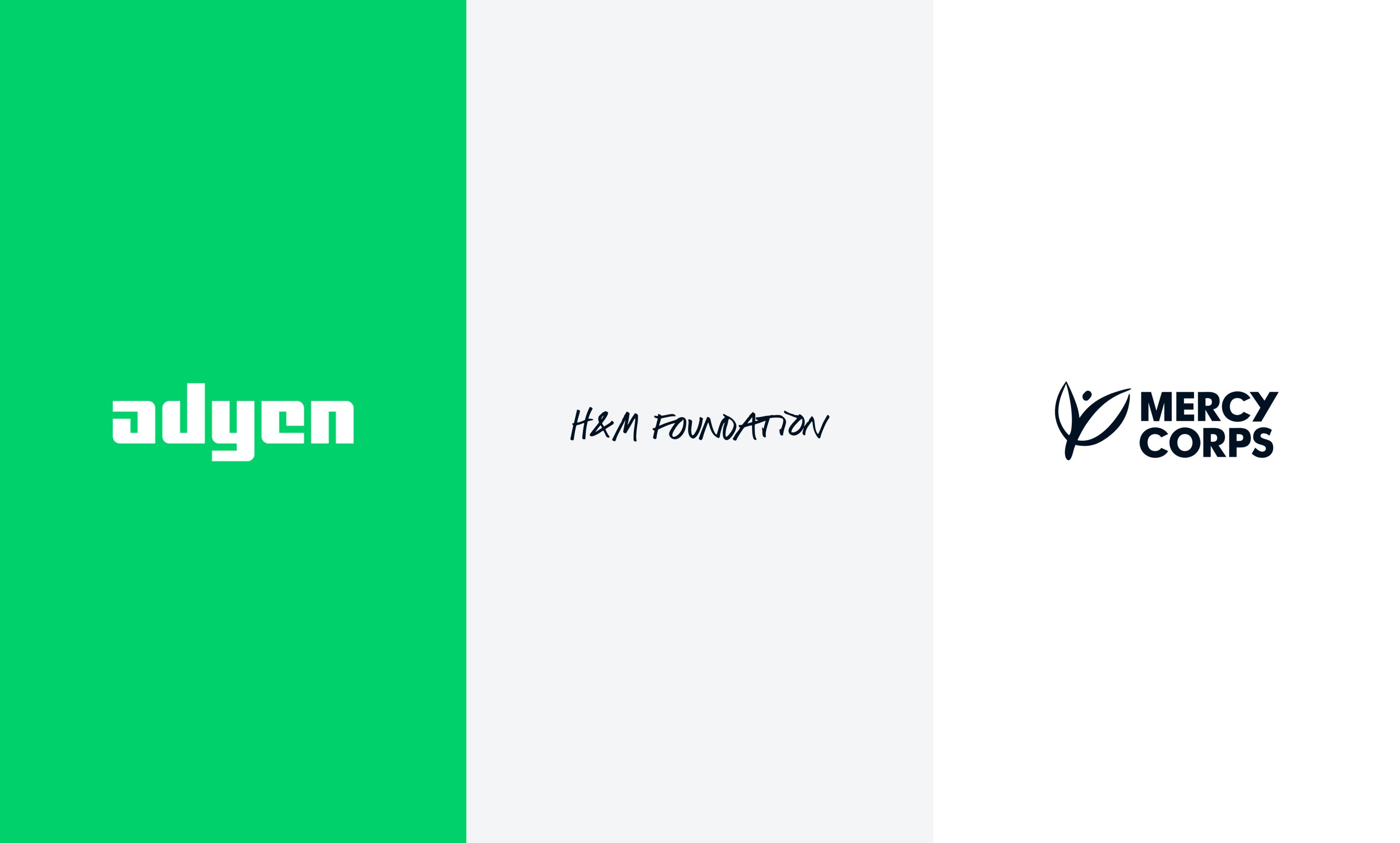 Adyen branding with Mercy Corps and HAM Foundation logos, representing partnership or collaboration