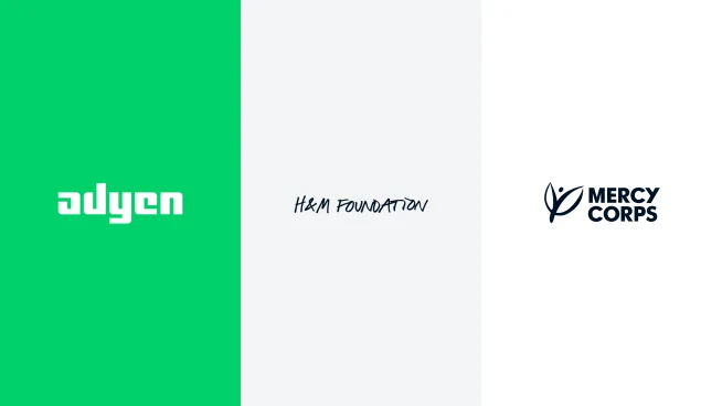 Adyen branding with Mercy Corps and HAM Foundation logos, representing partnership or collaboration
