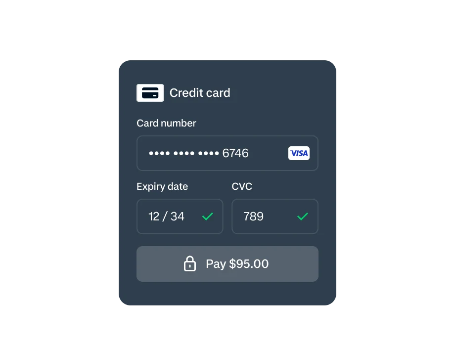 A credit card payment form on a digital device, processed via Adyen payment terminal, displaying card details and payment amount.