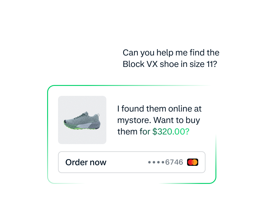 A digital payment prompt showing a customer selecting an Adyen terminal to buy Block VX shoes in size 11.