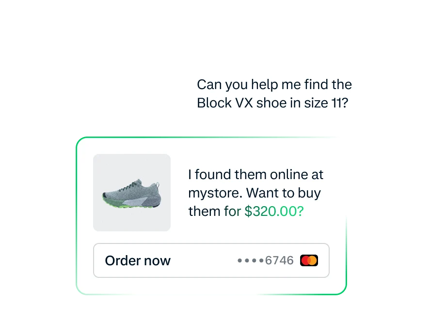 A digital payment prompt showing a customer selecting an Adyen terminal to buy Block VX shoes in size 11.