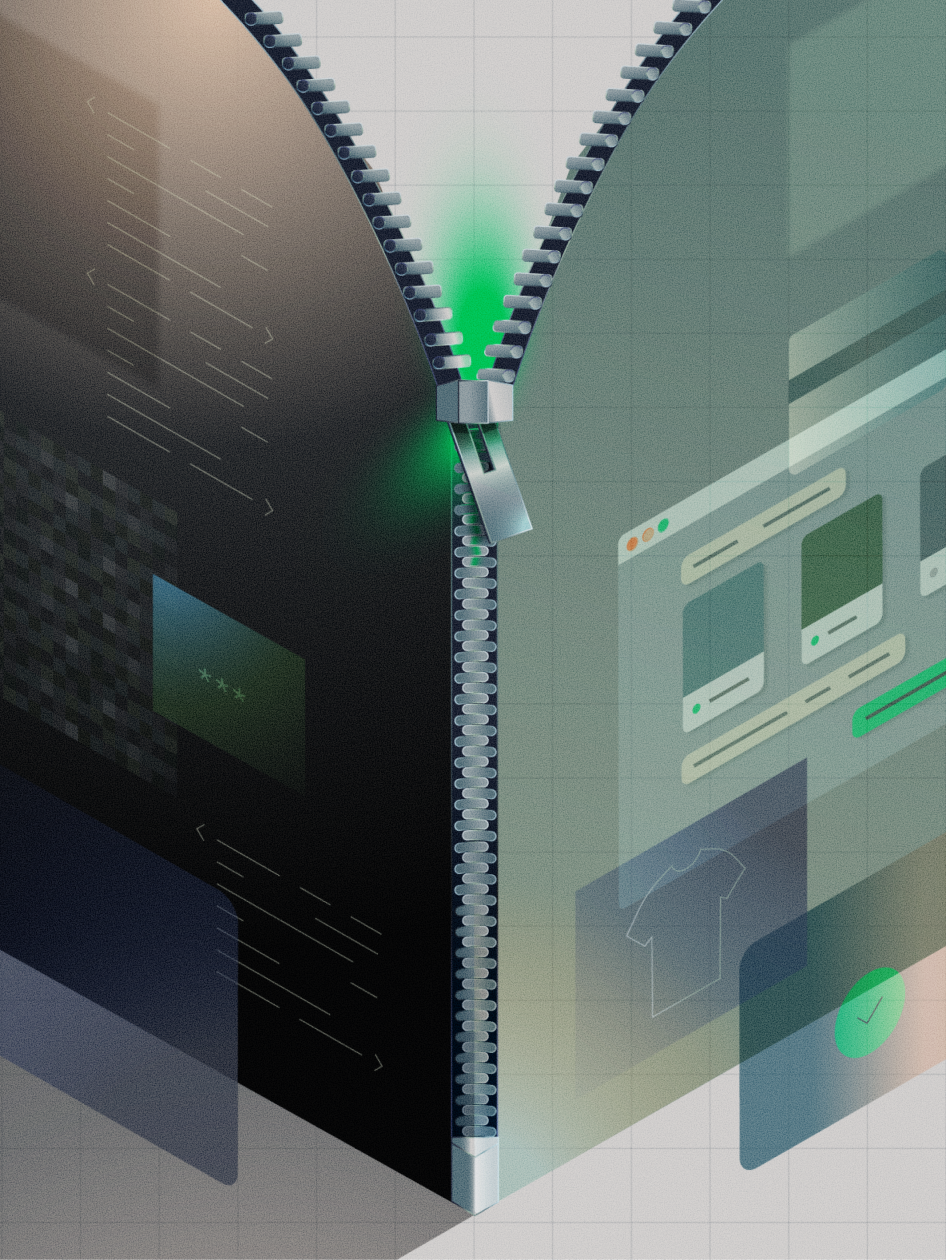 Futuristic illustration of digital payment technology with integrated device components and UI design elements