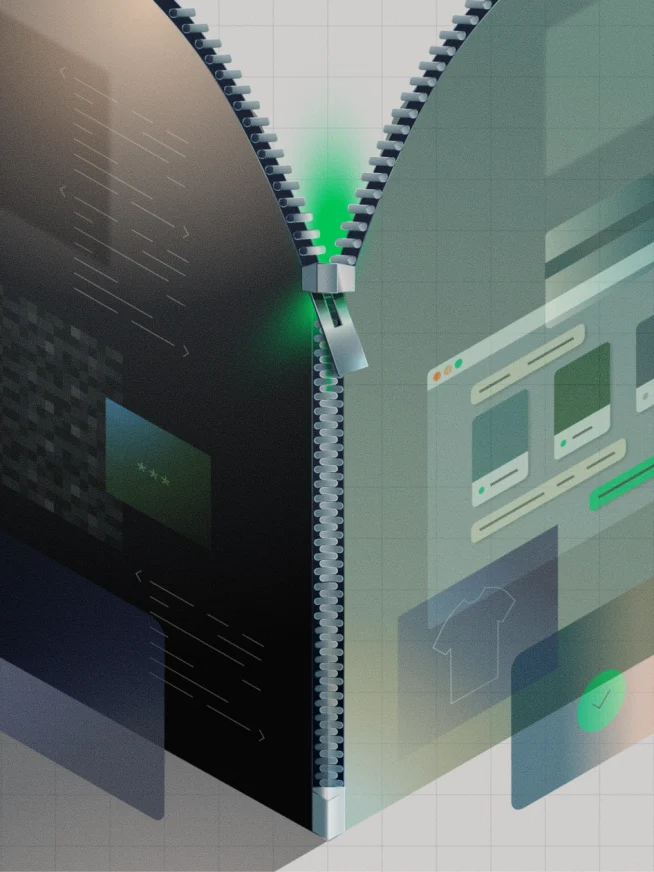Futuristic illustration of digital payment technology with integrated device components and UI design elements