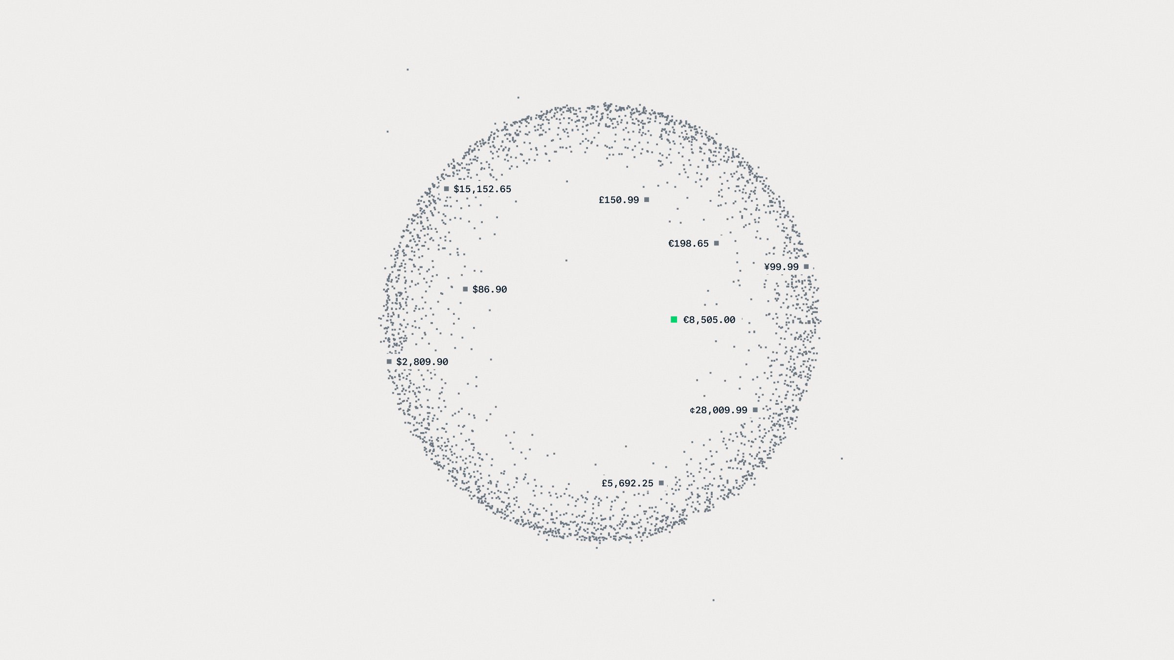 Circle of dot patterns with payment amounts and transaction details, symbolizing payment processing.