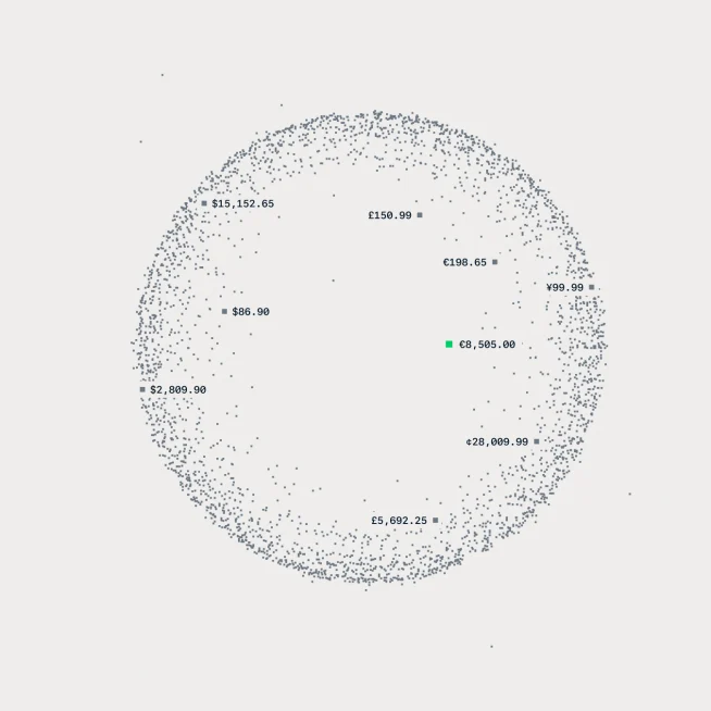 Circle of dot patterns with payment amounts and transaction details, symbolizing payment processing.