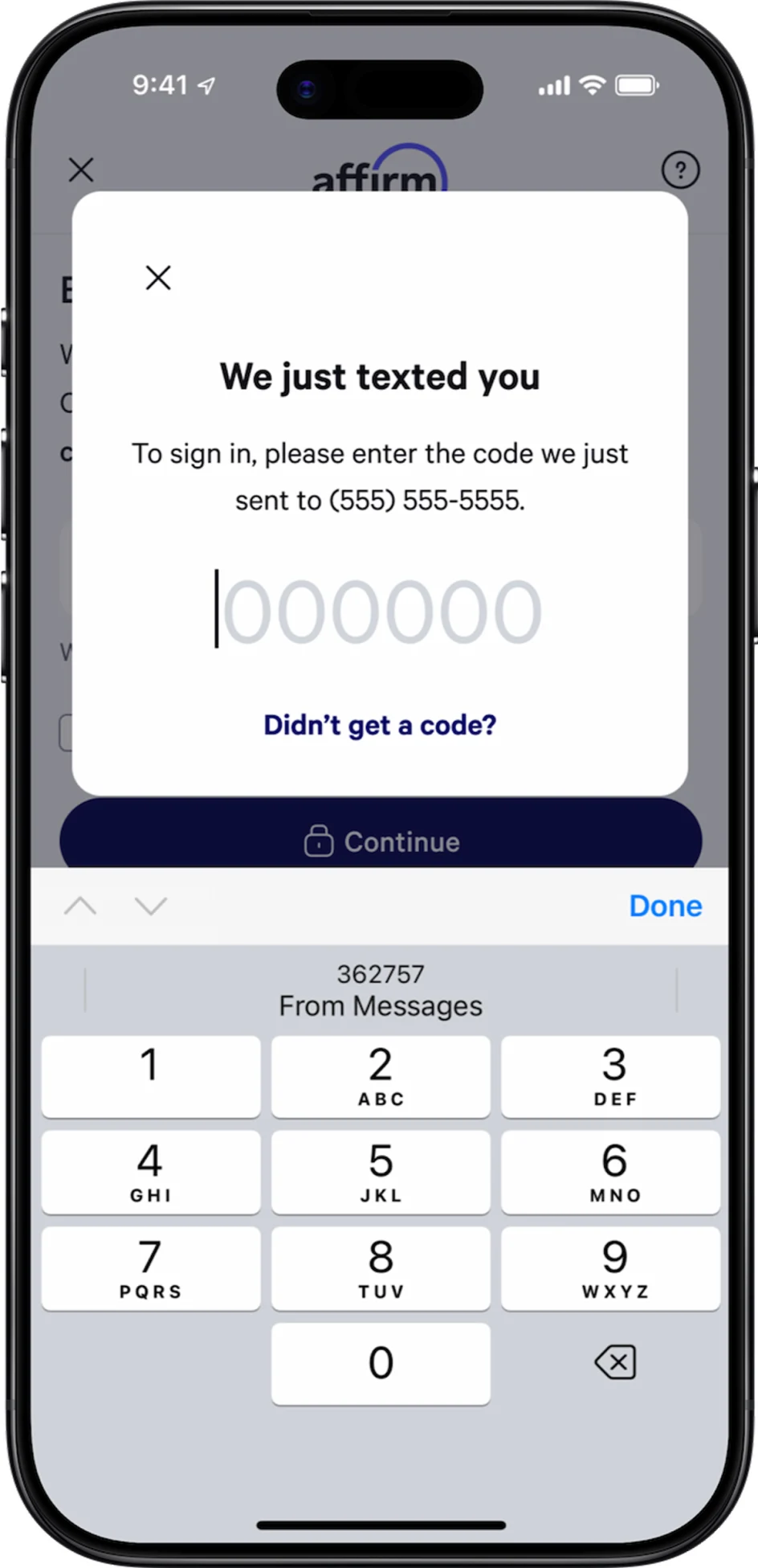 Mobile phone screen displaying a text verification code input in a messaging app.