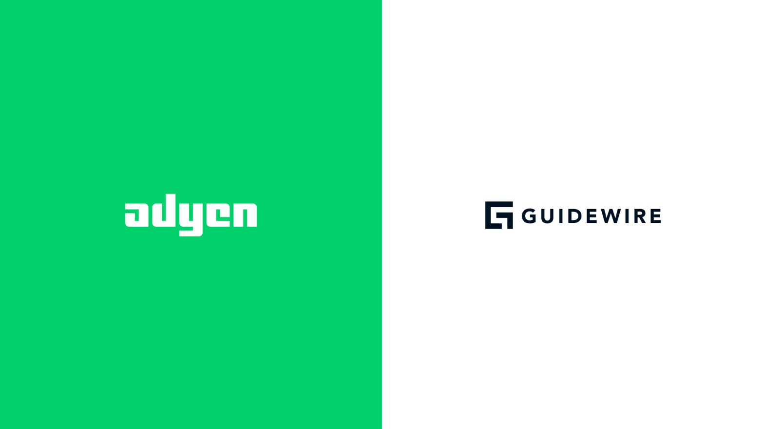 Adyen employees in the Adyen office displaying logos of Adyen and Guidewire on a presentation wall.