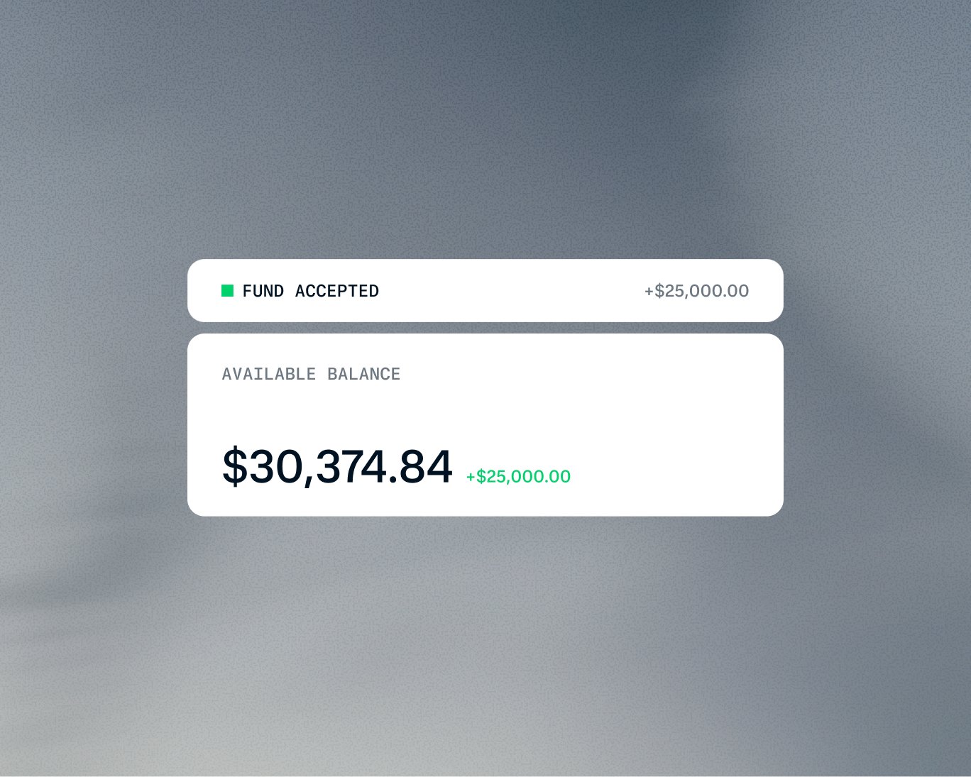 Dashboard showing accepted fund of 25,000 USD and account balance of 30,374.84 USD