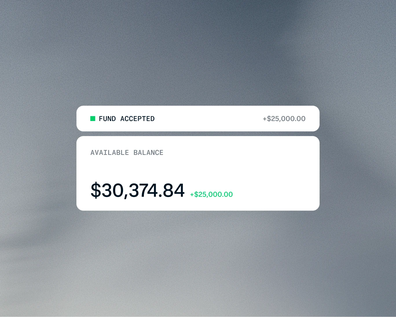 Dashboard showing accepted fund of 25,000 USD and account balance of 30,374.84 USD