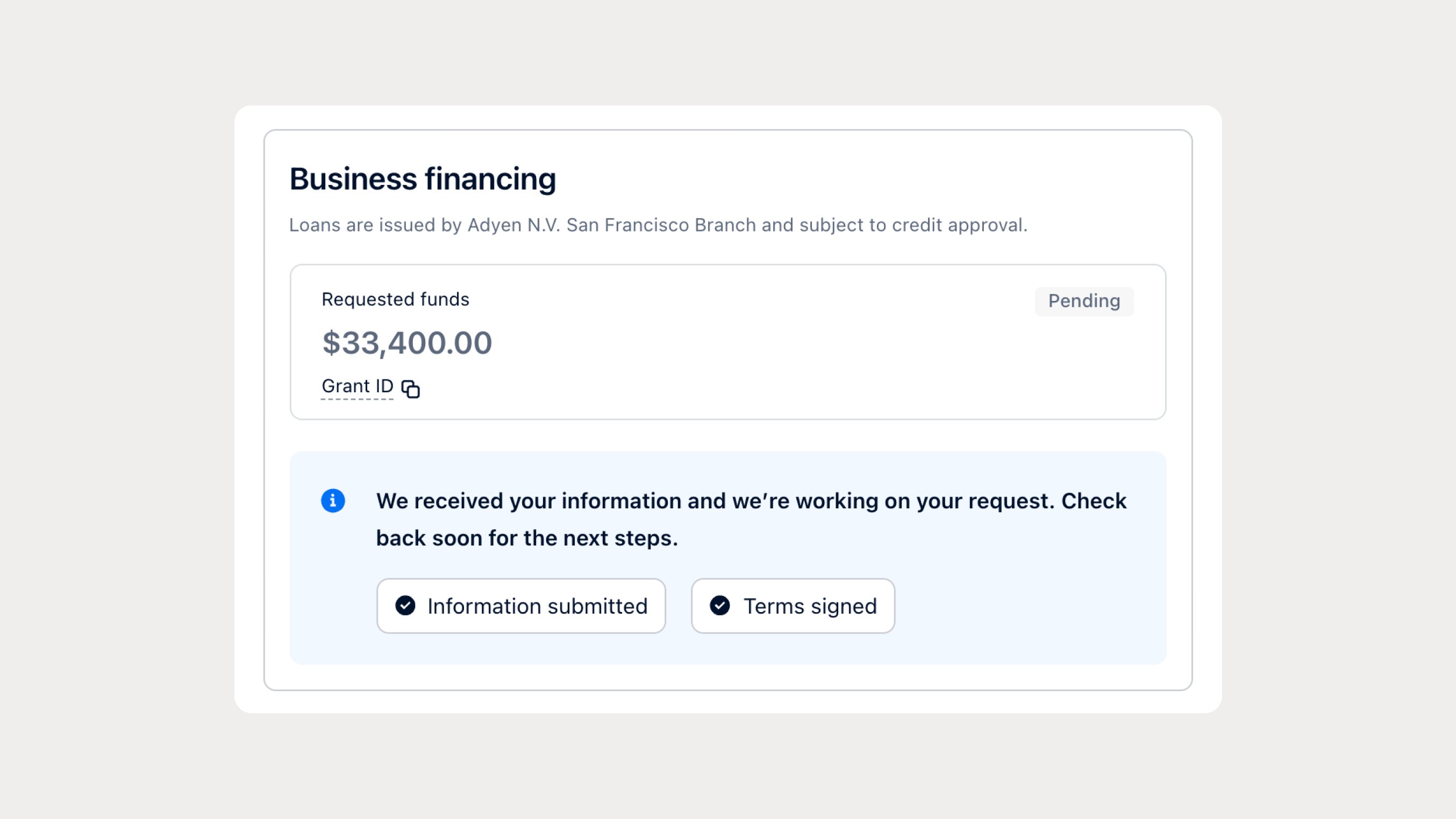 Online business financing request summary showing approved funds of 33,400 USD.