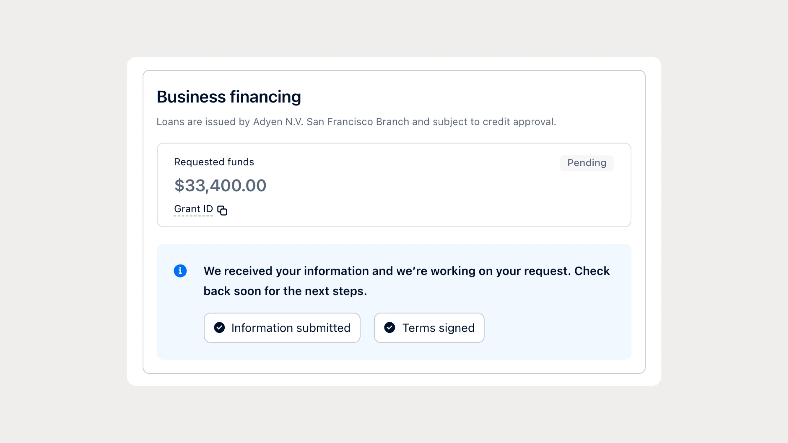 Online business financing request summary showing approved funds of 33,400 USD.