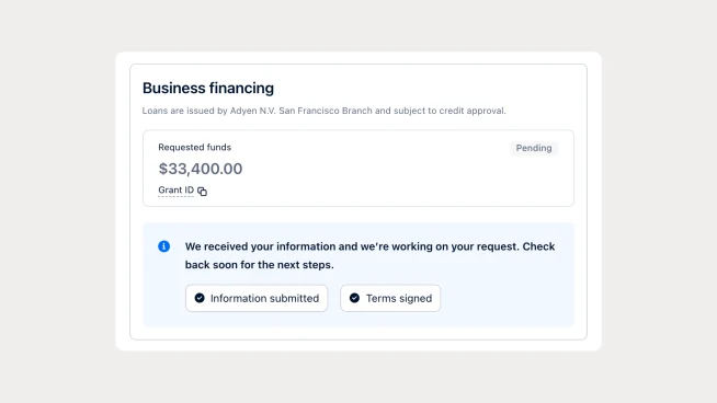 Online business financing request summary showing approved funds of 33,400 USD.