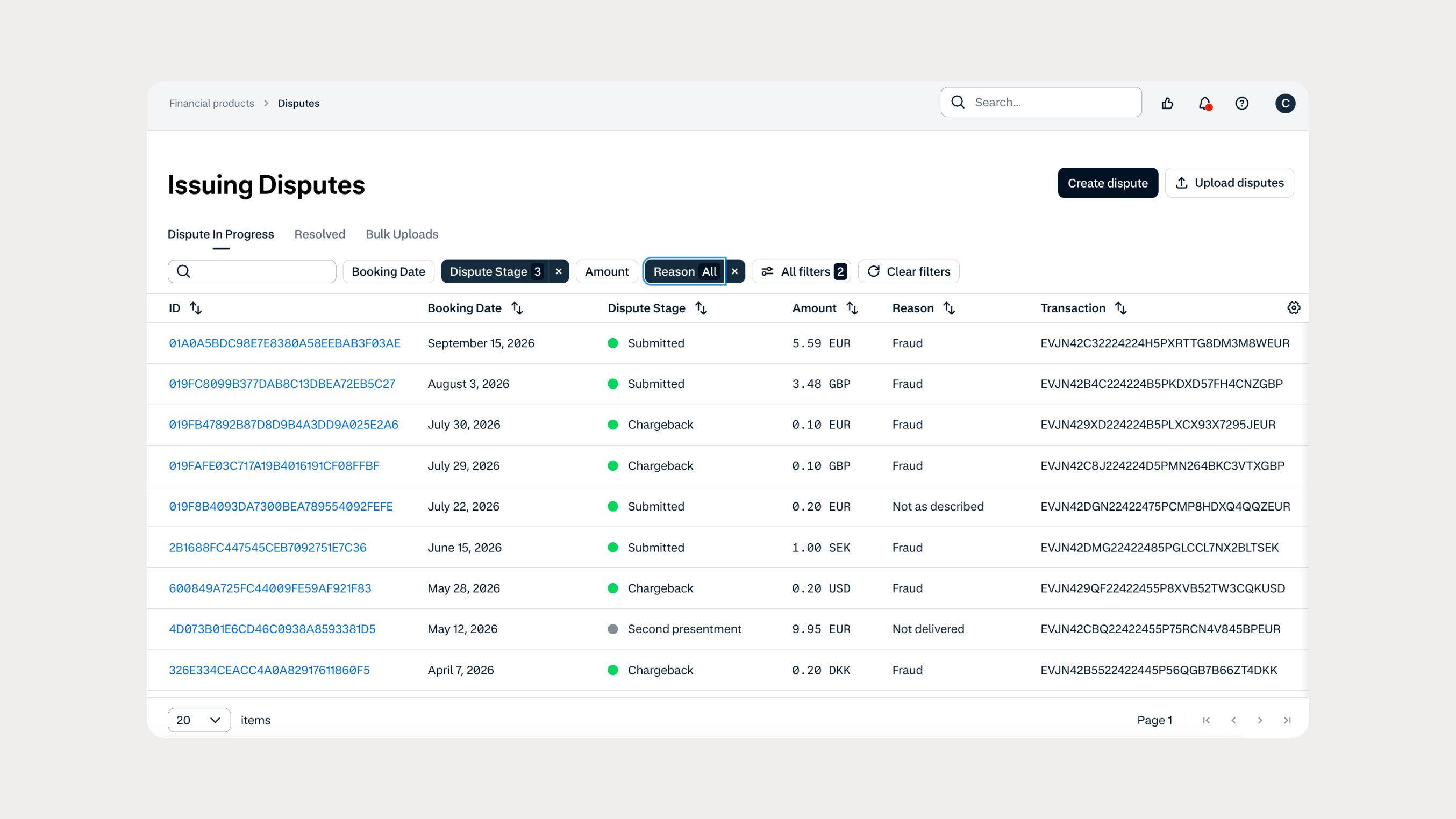 Screenshot of an online dashboard displaying payment disputes managed by Adyen.