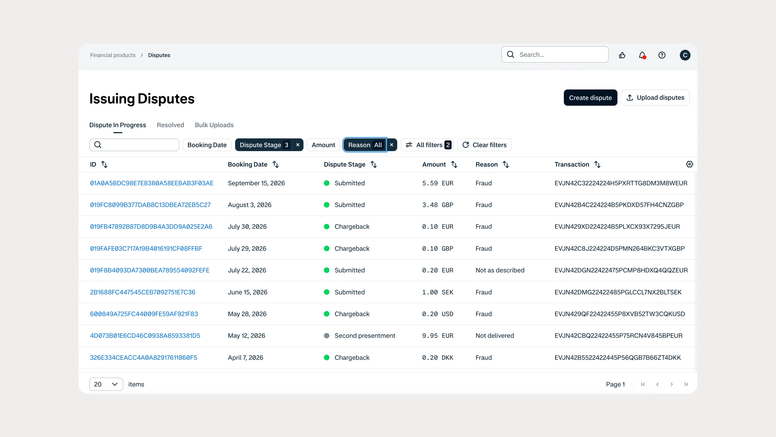Screenshot of an online dashboard displaying payment disputes managed by Adyen.