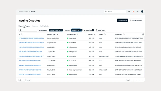 Screenshot of an online dashboard displaying payment disputes managed by Adyen.