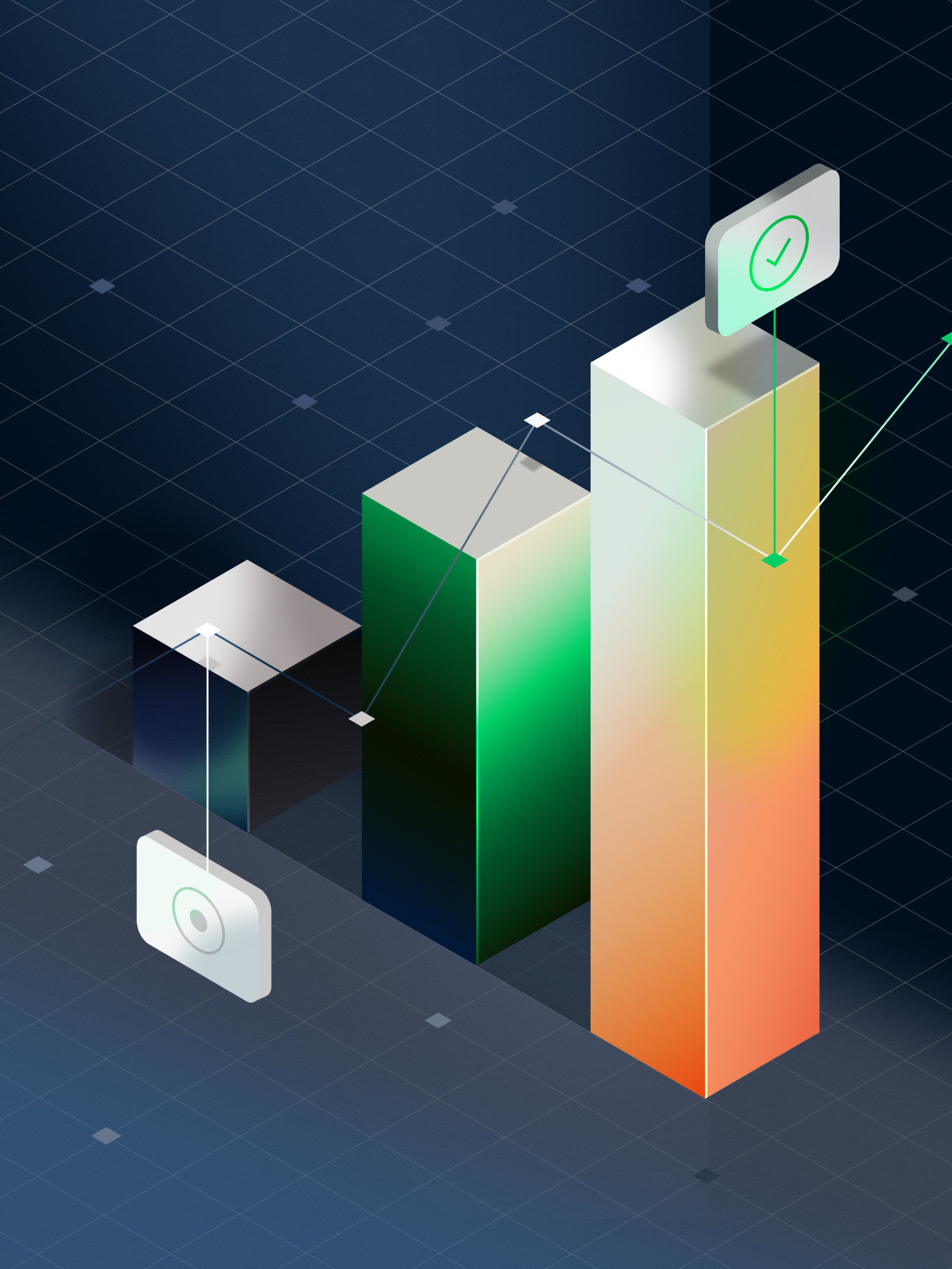 Three tall bar charts with checkmarks, representing business data or growth metrics, on a digital background.