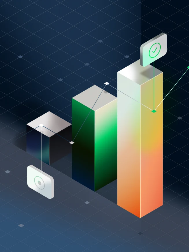 Three tall bar charts with checkmarks, representing business data or growth metrics, on a digital background.