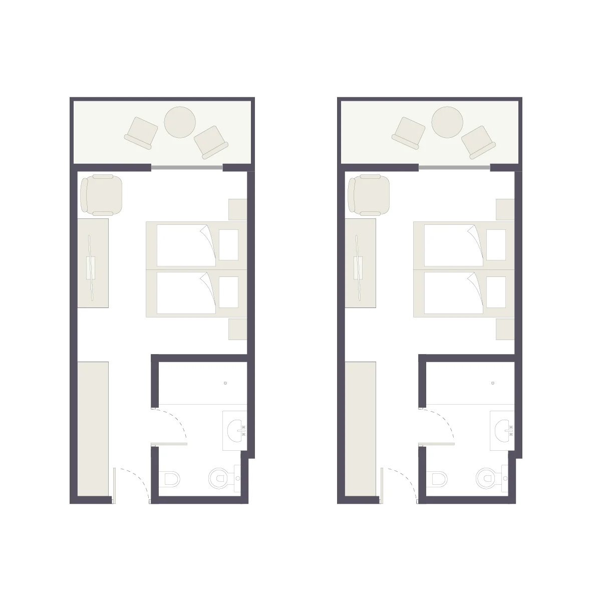 Grundriss des Zimmertyps FX1 im Club Andalusien. Zwei getrennte, nahe beieinanderliegende Doppelzimmer ohne Verbindungstür. Für Familien mit größeren Kindern.