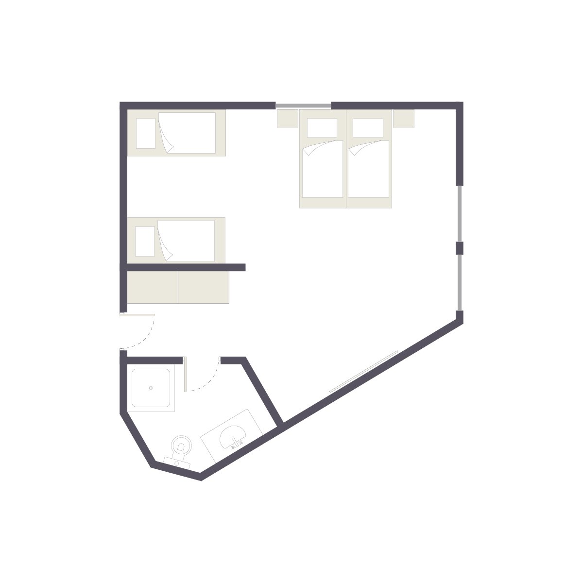Grundriss einer Ferienwohnung bei Aldiana mit Schlafzimmern, Bad und Gemeinschaftsraum