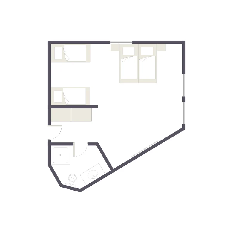 Grundriss einer Ferienwohnung bei Aldiana mit Schlafzimmern, Bad und Gemeinschaftsraum