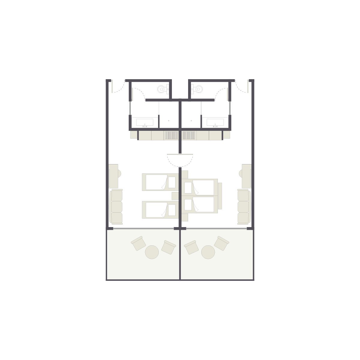 Grundriss eines modernen Apartments bei Aldiana, inklusive Schlafzimmer, Badezimmer und Balkon