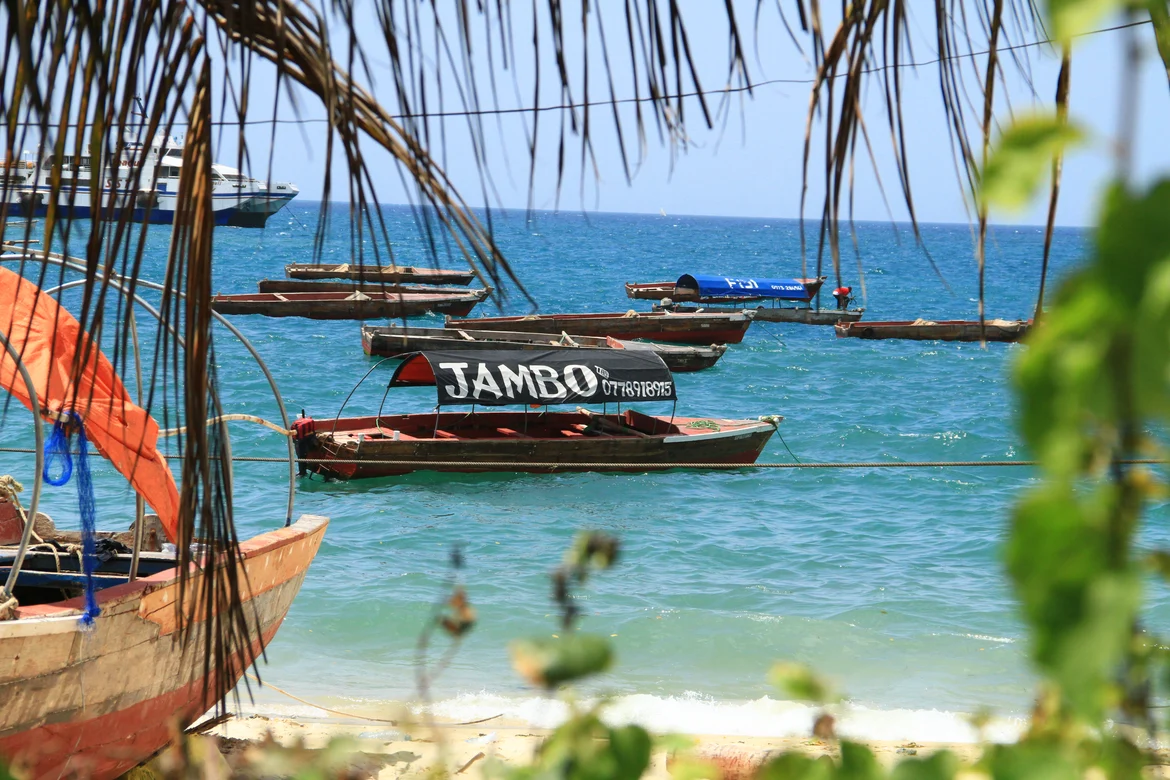 Blick auf den Strand mit Booten im klaren blauen Wasser und Palmen.
