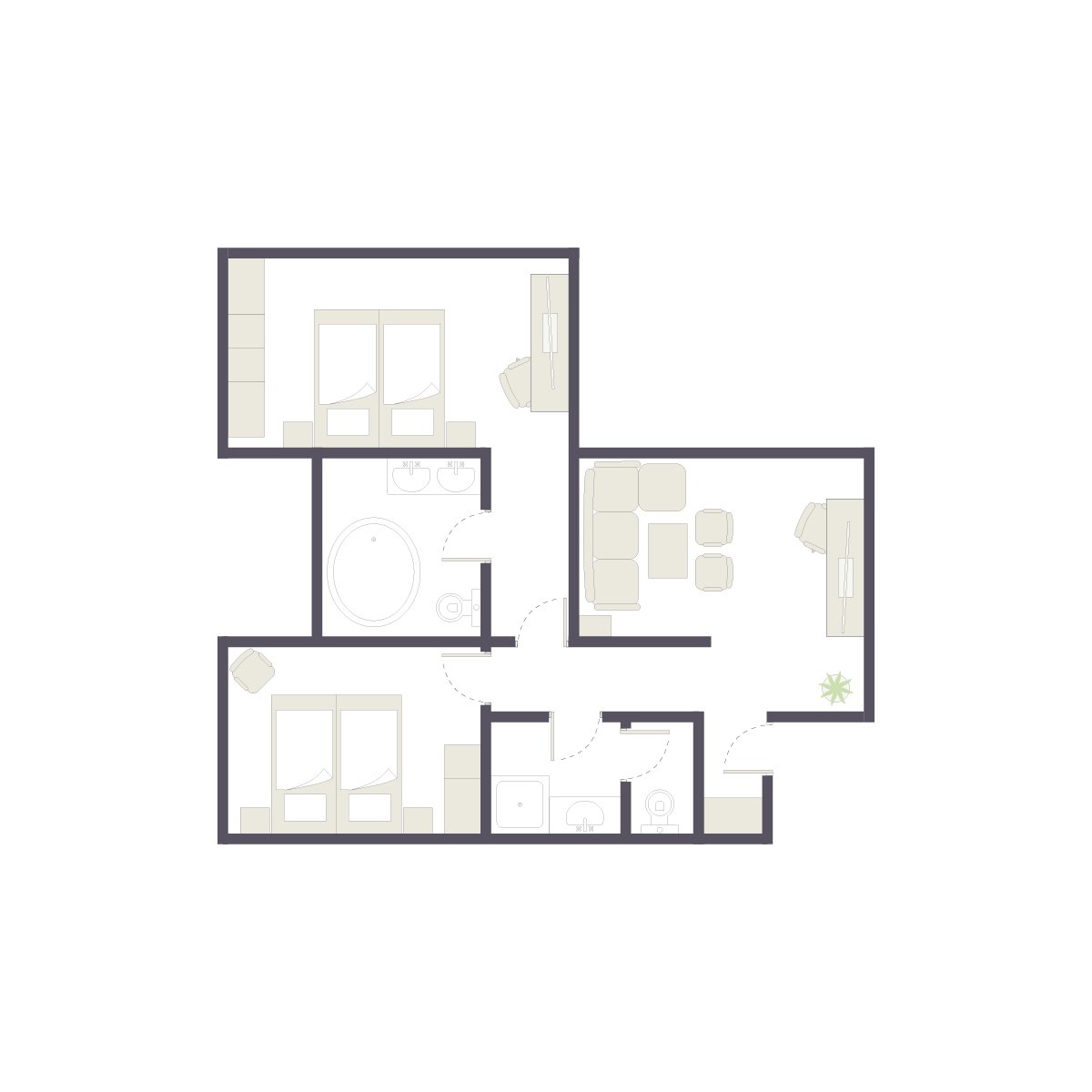 Dieses Bild zeigt eine moderne Wohnung mit zwei Schlafzimmern, Badezimmer und Wohnzimmer.