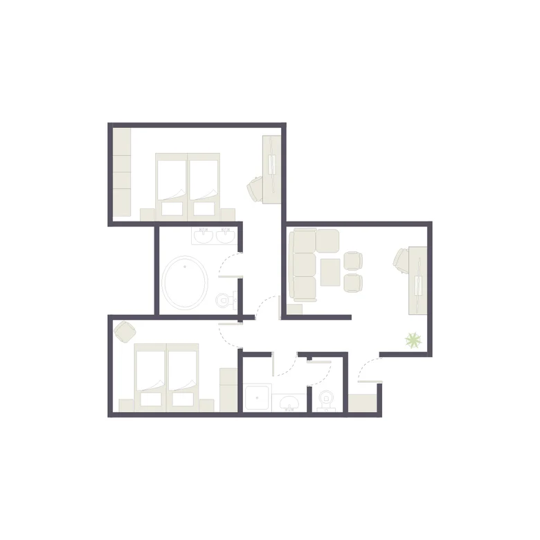 Dieses Bild zeigt eine moderne Wohnung mit zwei Schlafzimmern, Badezimmer und Wohnzimmer.