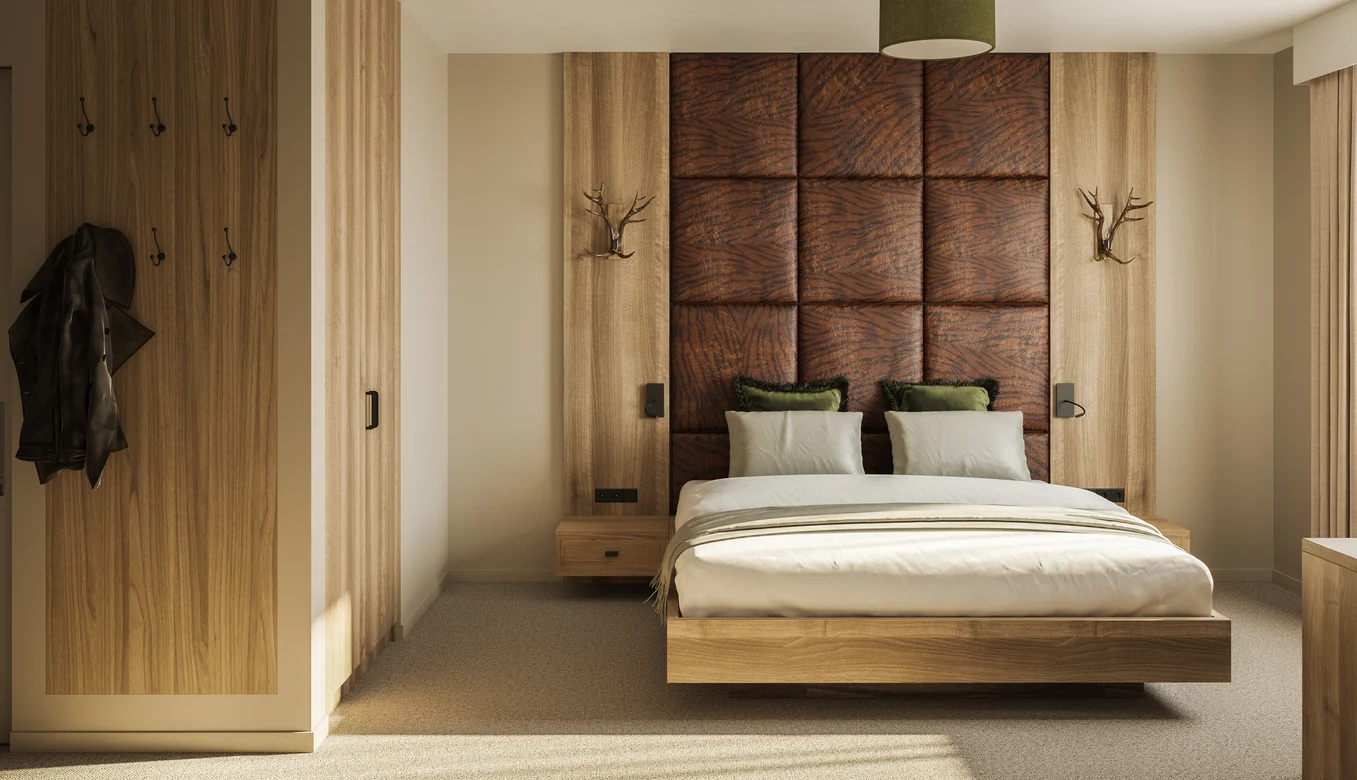 Elegantes Schlafzimmer bei Aldiana mit Holzdesign und komfortabler Einrichtung