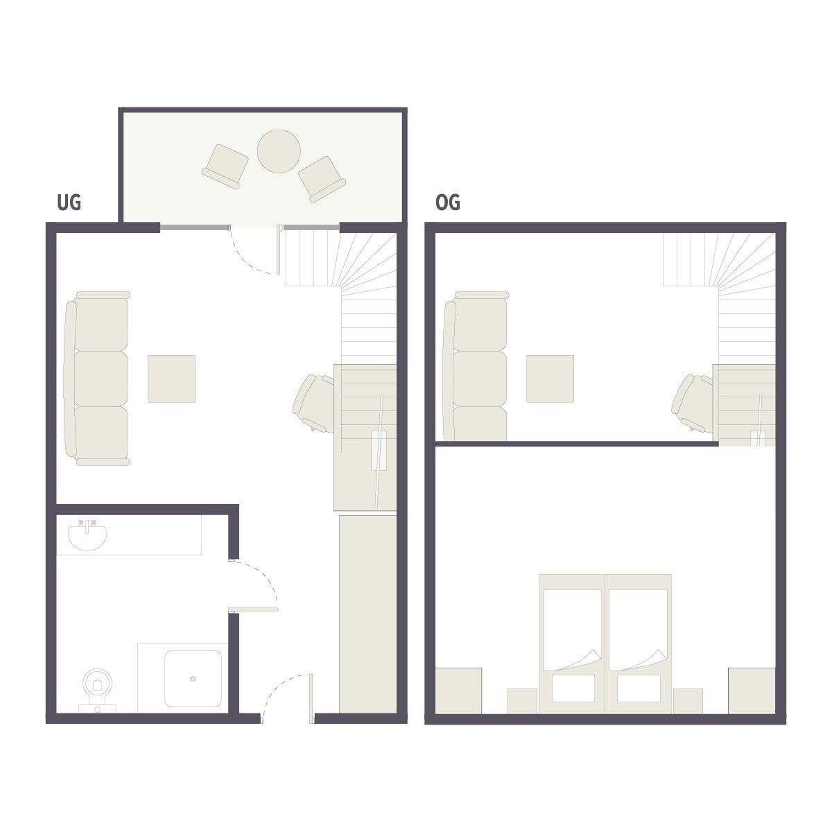 Grundriss eines zweistöckigen komfortablen Urlaubsbungalows bei Aldiana, Premium Cluburlaub