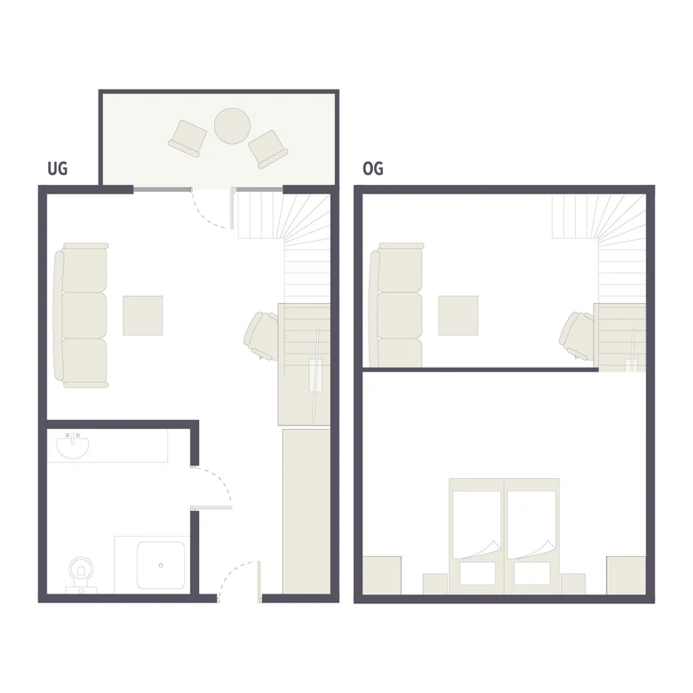 Grundriss eines zweistöckigen komfortablen Urlaubsbungalows bei Aldiana, Premium Cluburlaub
