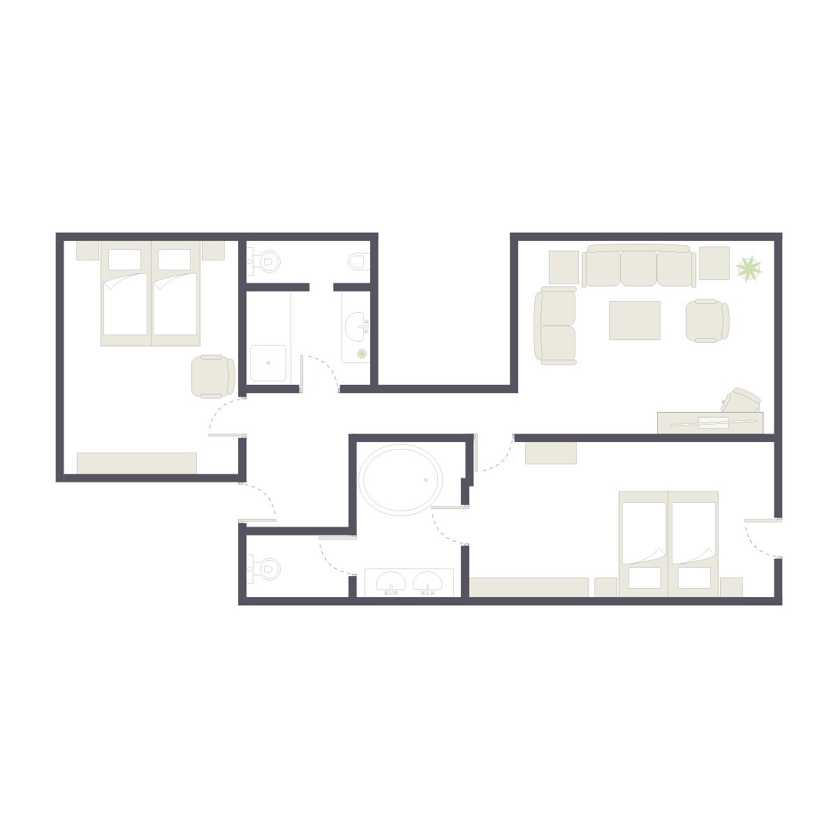 Ein Grundriss eines Apartments bei Aldiana mit Schlafzimmer, Bad und Wohnzimmer, barrierefrei und modern gestaltet