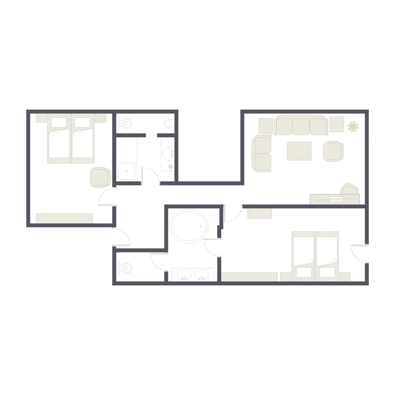 Ein Grundriss eines Apartments bei Aldiana mit Schlafzimmer, Bad und Wohnzimmer, barrierefrei und modern gestaltet