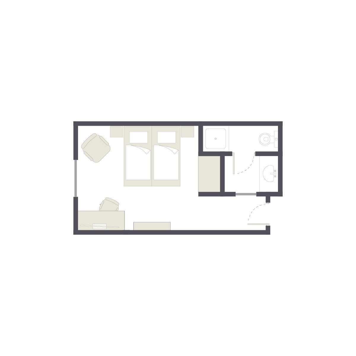 Ein hochwertiges Aldiana Clubzimmer mit zwei Betten, Sitzbereich und Badezimmer.