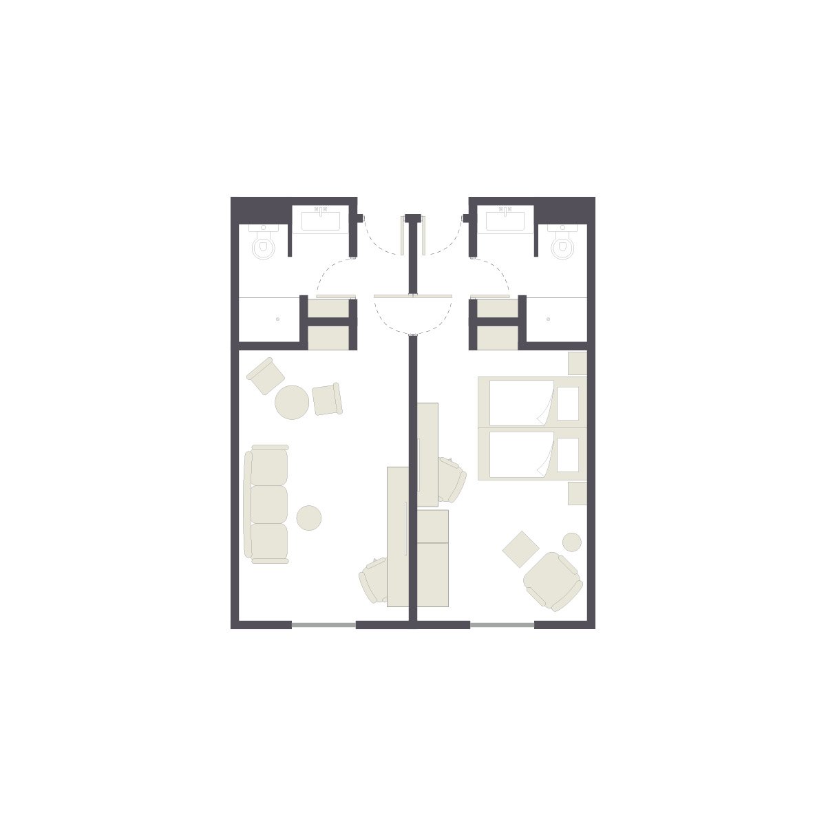 Hochwertiger Grundriss eines Premium Hotelzimmers bei Aldiana mit Schlafbereich und Badezimmer