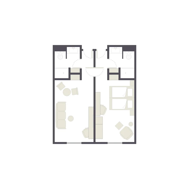 Hochwertiger Grundriss eines Premium Hotelzimmers bei Aldiana mit Schlafbereich und Badezimmer