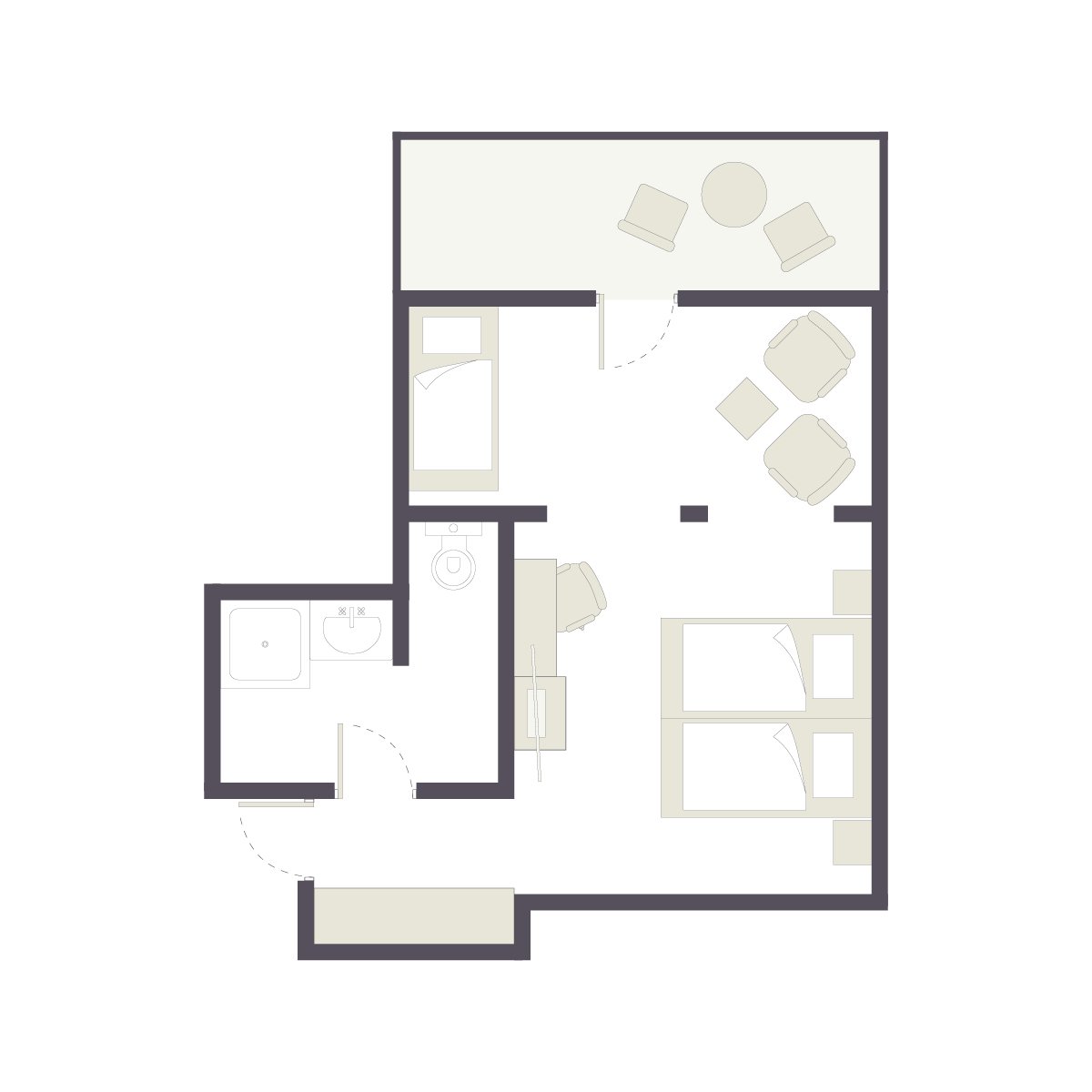 Bungalowgrundriss mit Schlafzimmer Wohnzimmer Badezimmer und Balkon bei Aldiana Premium Cluburlaub