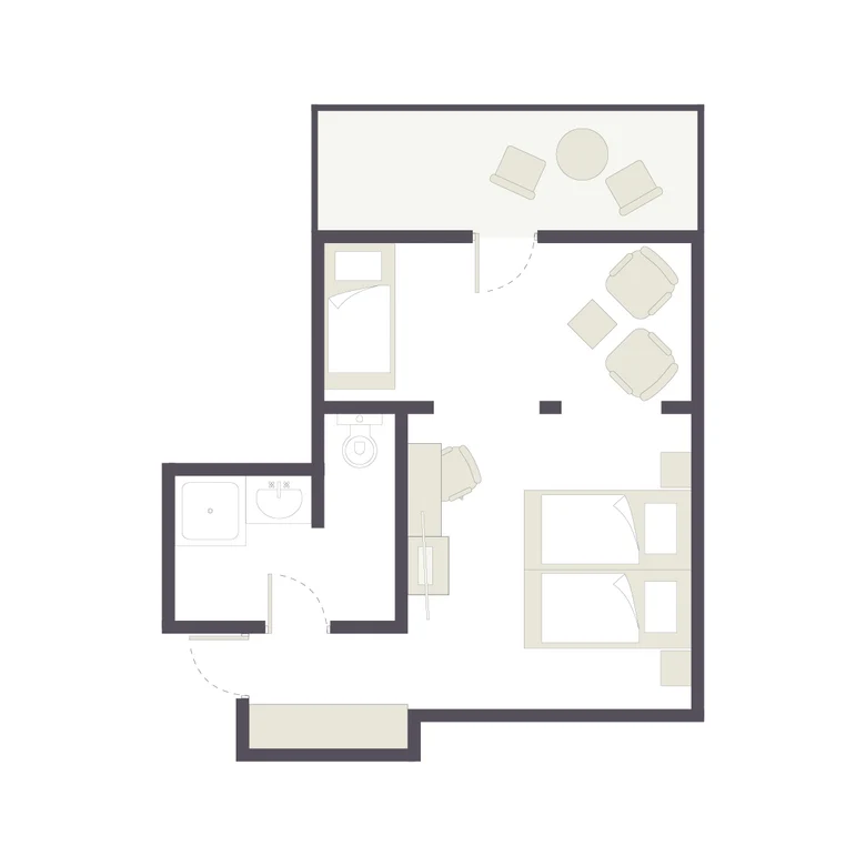 Bungalowgrundriss mit Schlafzimmer Wohnzimmer Badezimmer und Balkon bei Aldiana Premium Cluburlaub