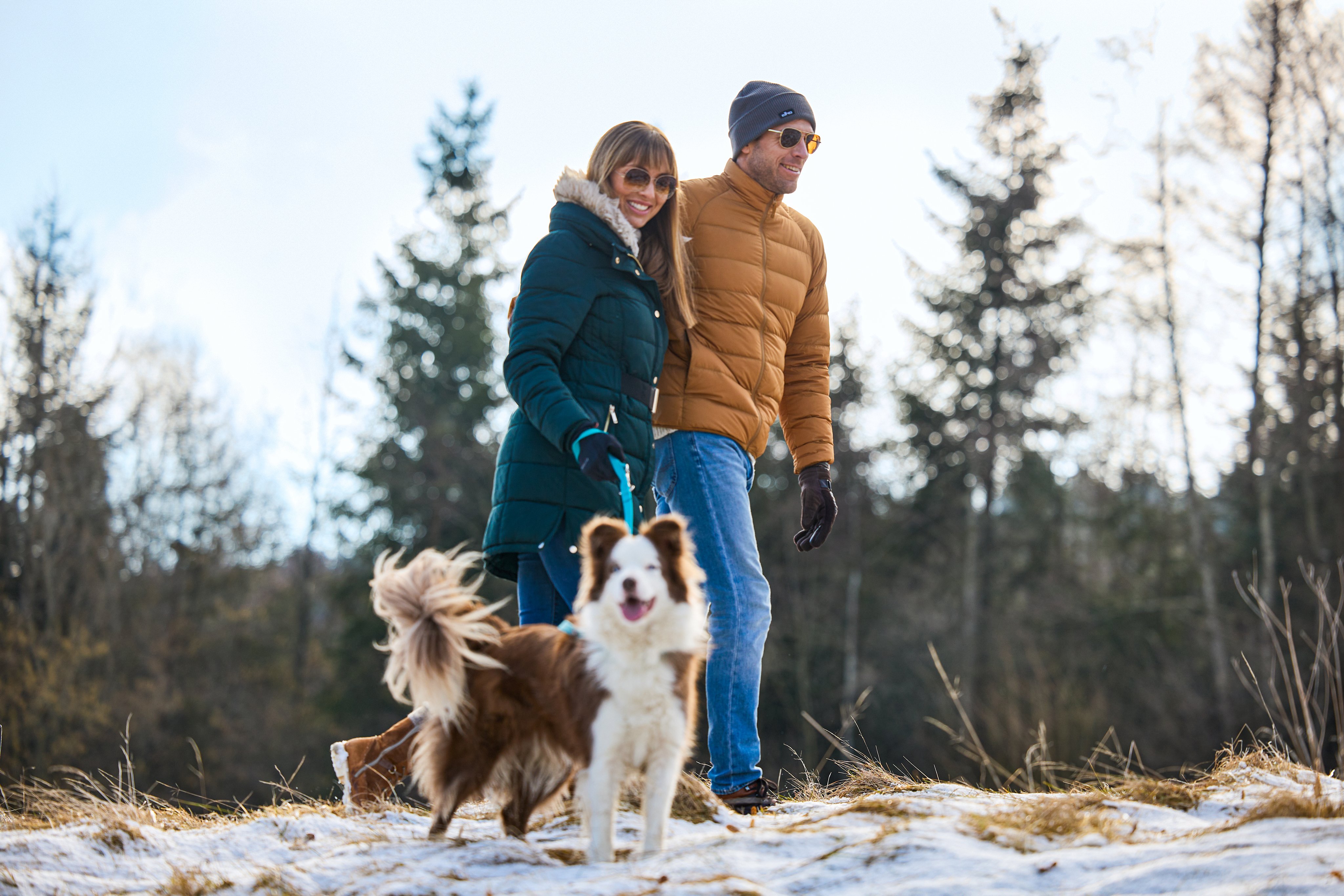 Ein Paar mit Hund beim Spaziergang im Freien, idyllischer Naturhintergrund, Wochenendaktivität