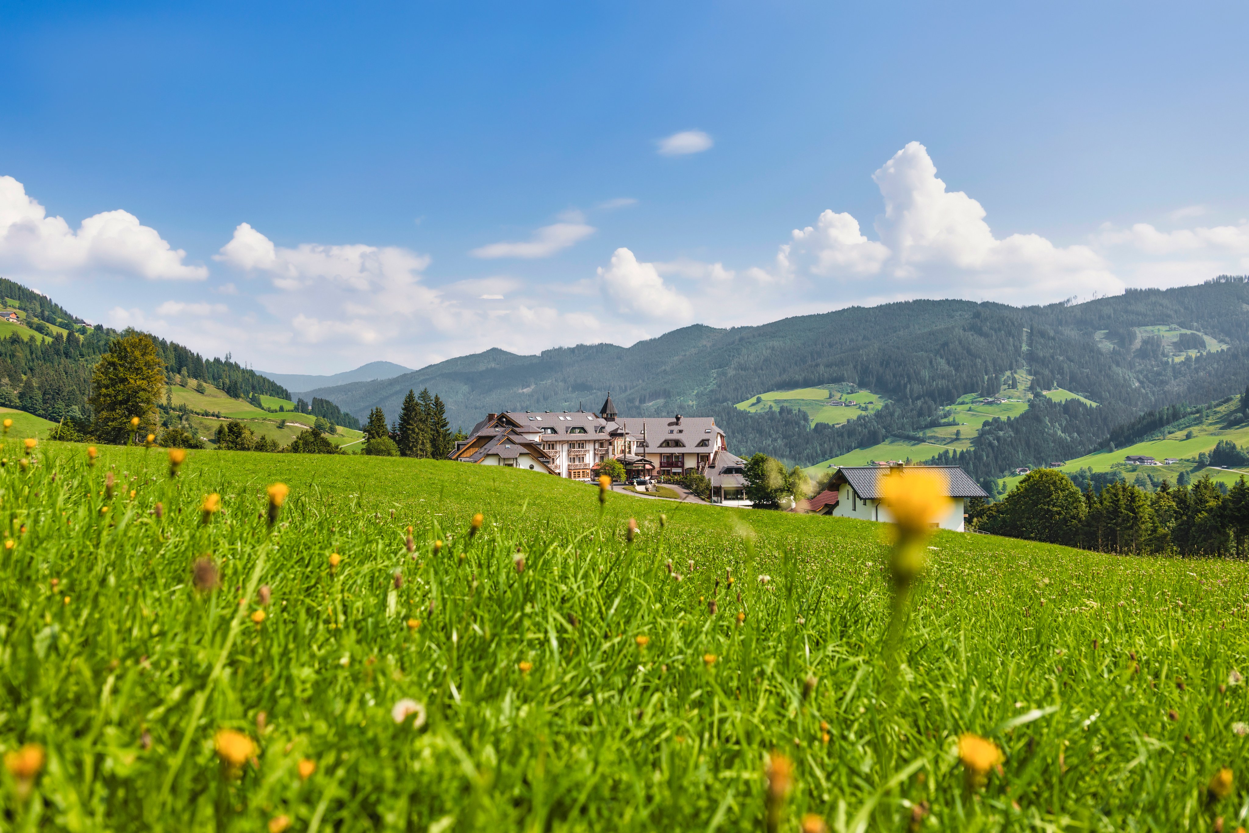 Blick auf grüne Wiese und Berge bei Aldiana Premium Cluburlaub in beeindruckender Natur.